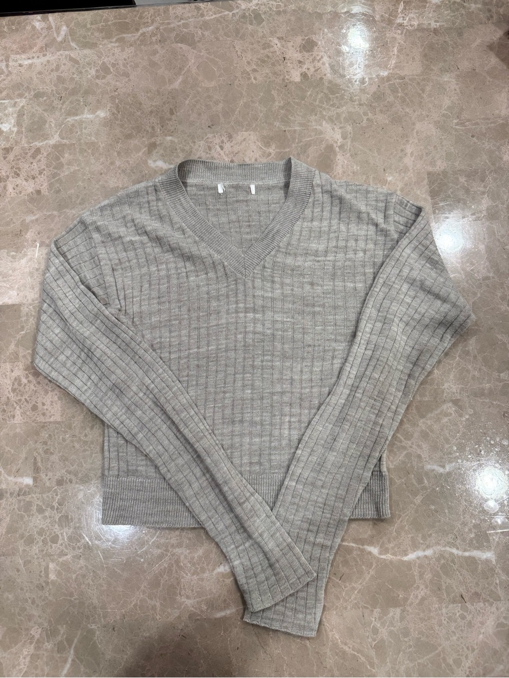 Heather Grey Ribbed V-Neck Crop Sweater - Size XS